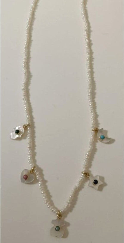 TOUS 18K Yellow Gold Mother of Pearl Charm Necklace Star Moon Bear 14.9in Unused