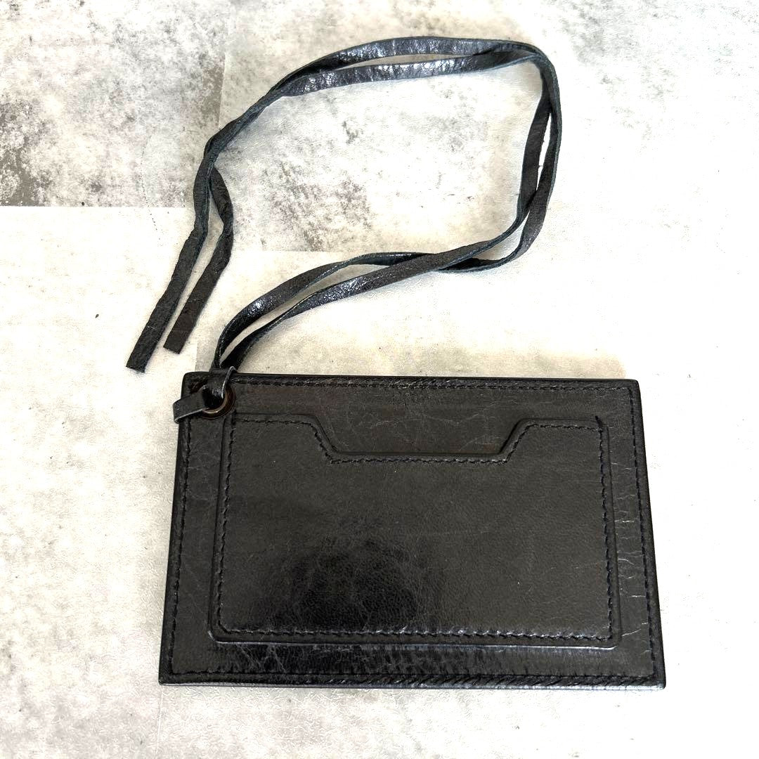 BALENCIAGA Black Leather Mirror Card Case ID Holder Neck Strap Lanyard Authentic