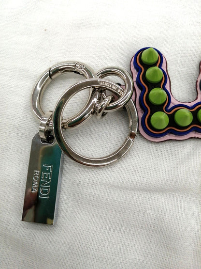 FENDI LOVE Leather Keychain Bag Charm Multicolor Studs Pink Key Ring Italy