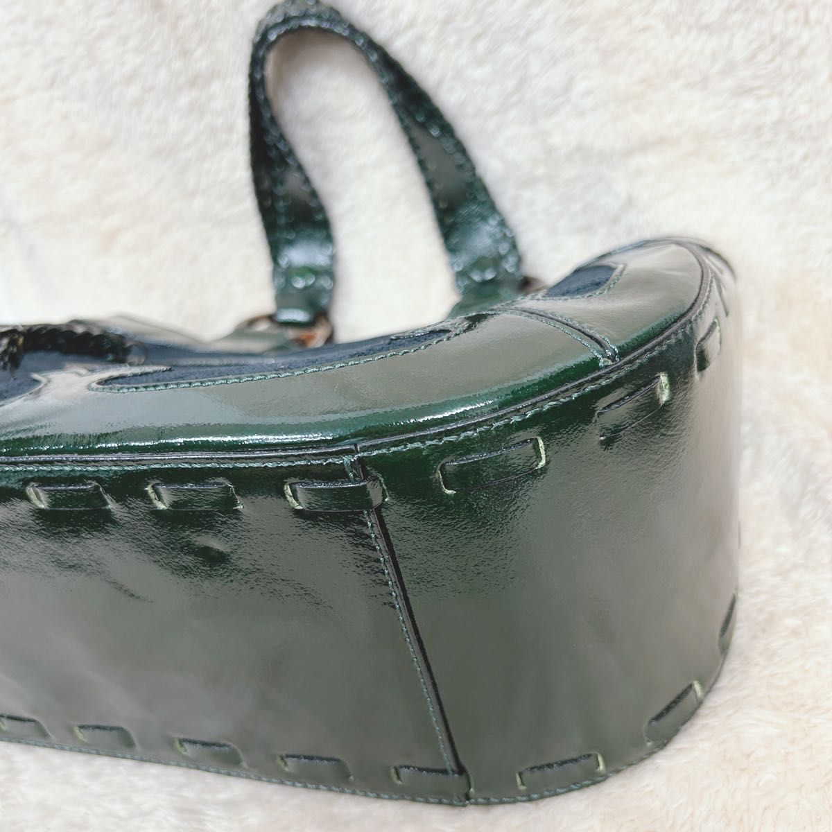ANNA SUI Embroidered Tote Bag Dark Green Deer Floral Patent Leather Vintage