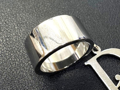 Christian Dior Logo Charm Ring Silver-Tone Metal Wide Band US4 EU47 Vintage AUTH