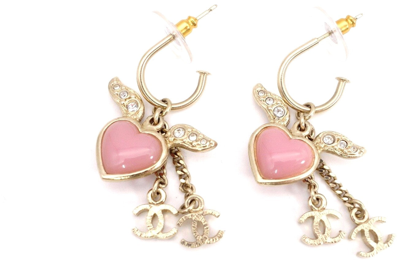 CHANEL CC Logo Heart Wing Hoop Earrings Gold Pink Resin Rhinestone Authentic