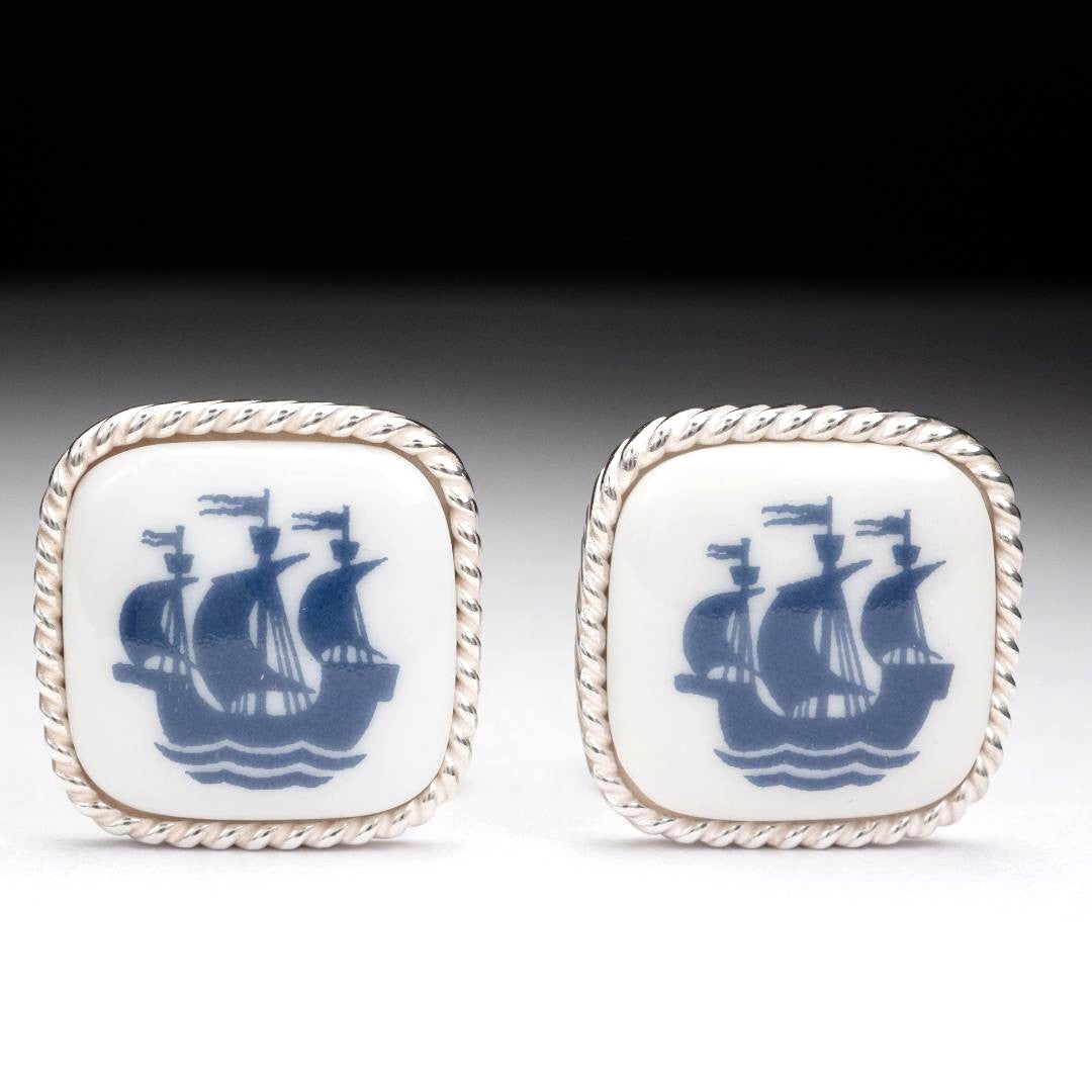 Royal Copenhagen x Georg Jensen Silver 925 Sailing Ship Cufflinks Denmark 2.3cm