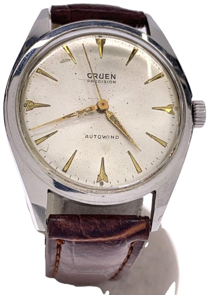 GRUEN Precision Autowind Vintage Automatic Watch Silver Dial Brown Leather Swiss