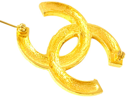 CHANEL CC Logo Brooch Pin Gold Tone Double Row Rhinestone Crystal Vintage Auth