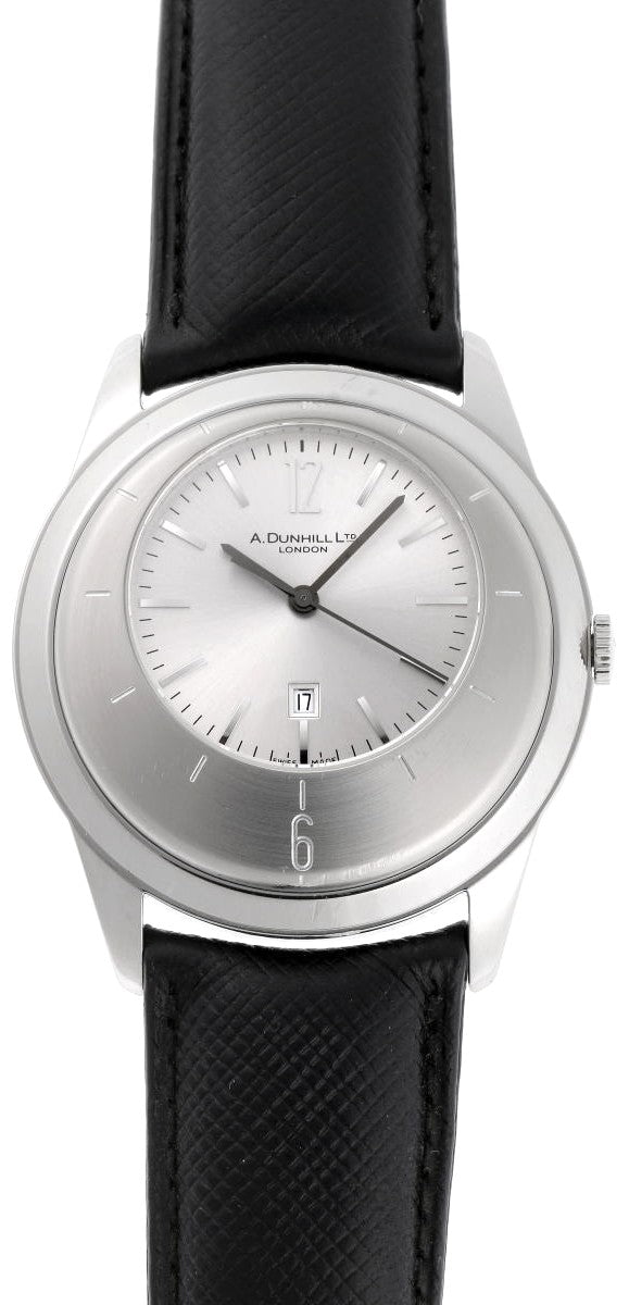 Dunhill Eccentric DQV210AL Quartz Watch Silver Dial SS Black Leather Swiss Used