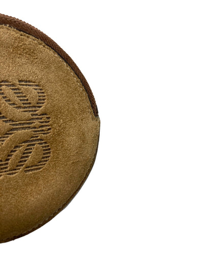 LOEWE Anagram Logo Round Coin Case Purse Brown Suede Leather Zip Vintage