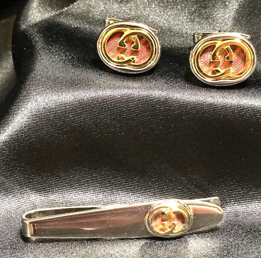 GUCCI Vintage Interlocking GG Sherry Line Cufflinks Tie Clip Set Silver Gold