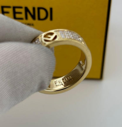 Excellent Fendi Rhinestone F Logo Gold Tone Metal Ring Size M EU 52 US 6