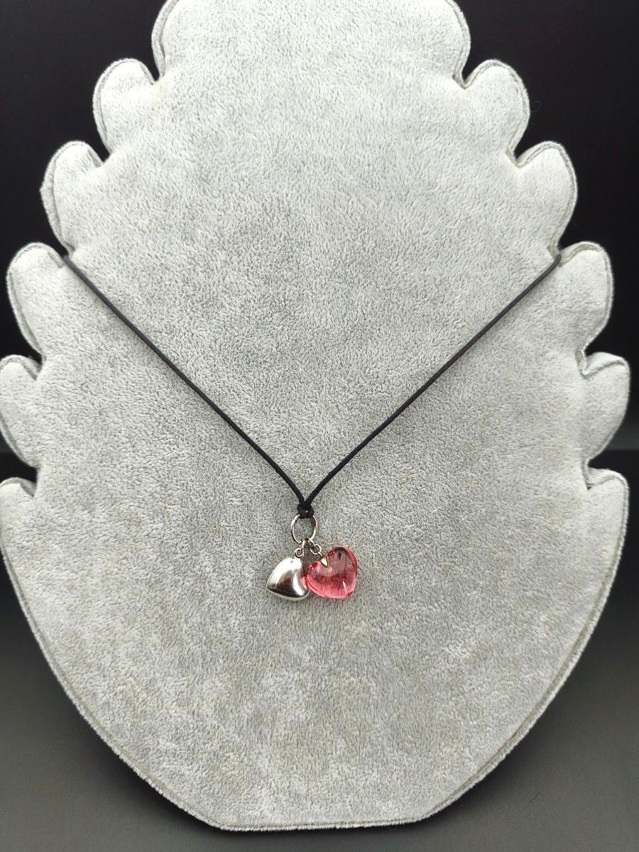 Baccarat Double Heart Necklace Pink Crystal Sterling Silver 925 Adjustable Used
