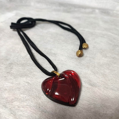 Baccarat Crystal Heart Pendant Necklace Red Glass Gold Tone Cord Adjustable