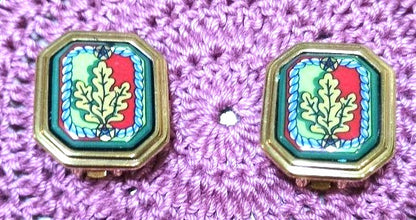 MICHAELA FREY WIEN Oak Leaf Enamel Clip-On Earrings Gold Tone Octagon Austria