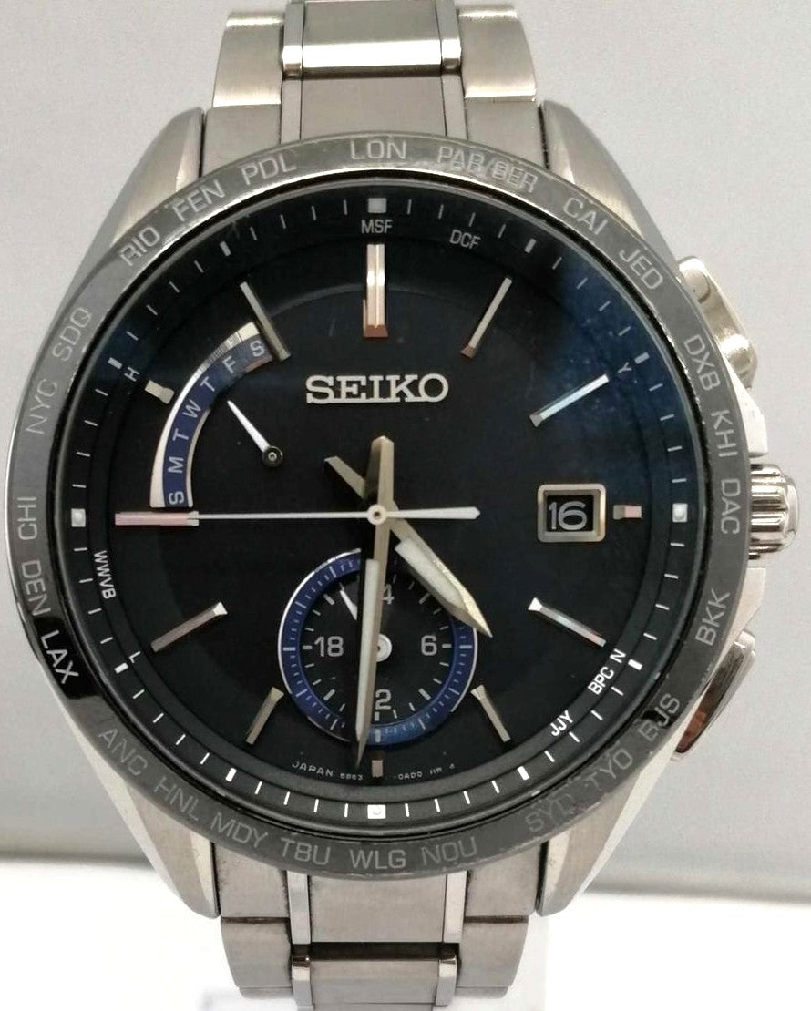 SEIKO Brightz Radio Solar World Time Blue Dial Steel Watch Men SSAE015 Japan