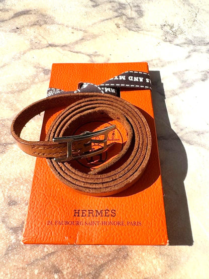 Hermes Api 3 Long Wrap Bracelet Choker Brown Leather Silver H Buckle 28.7in Used