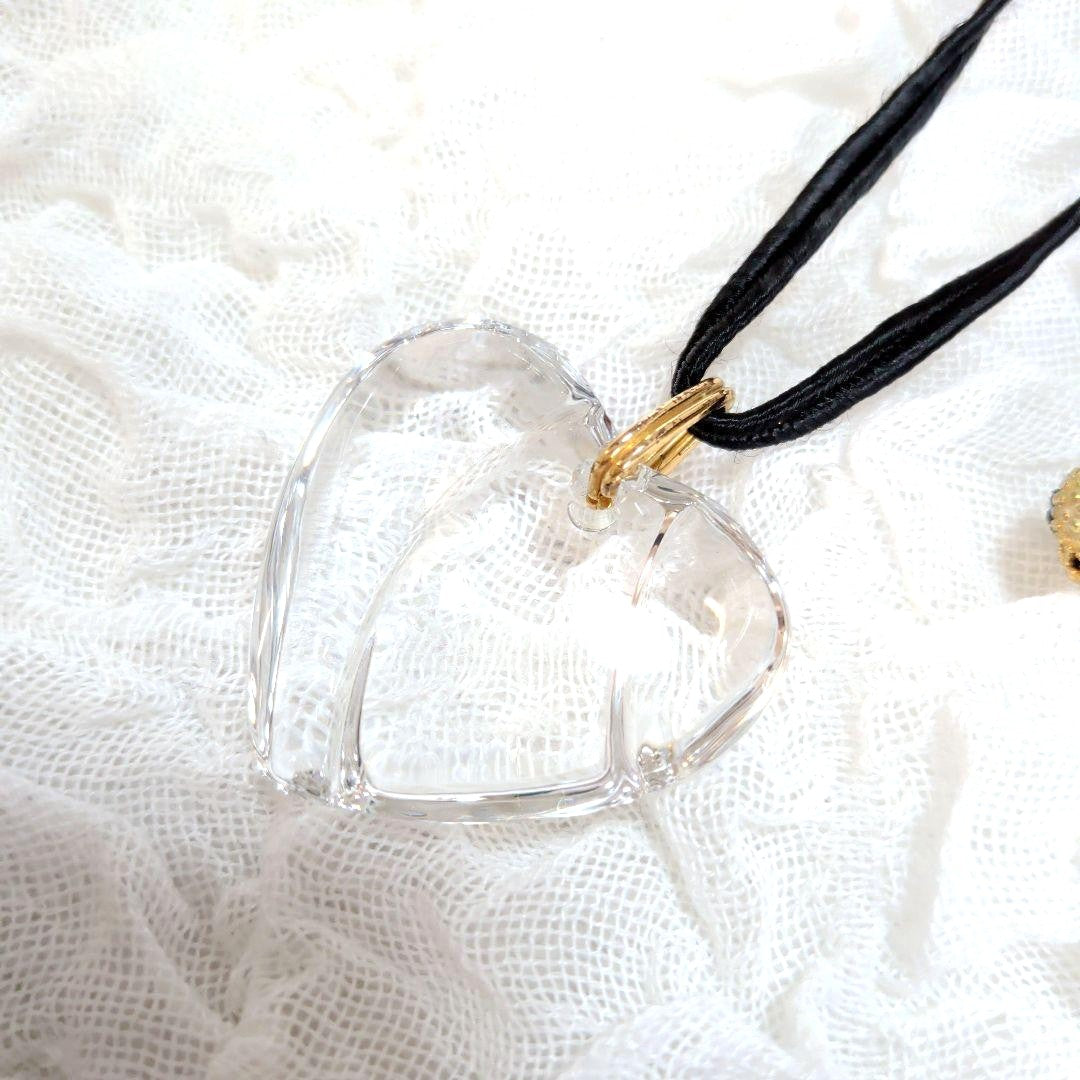 Baccarat Crystal Heart Pendant Necklace Clear Motif Gold Tone Black Cord Ladies