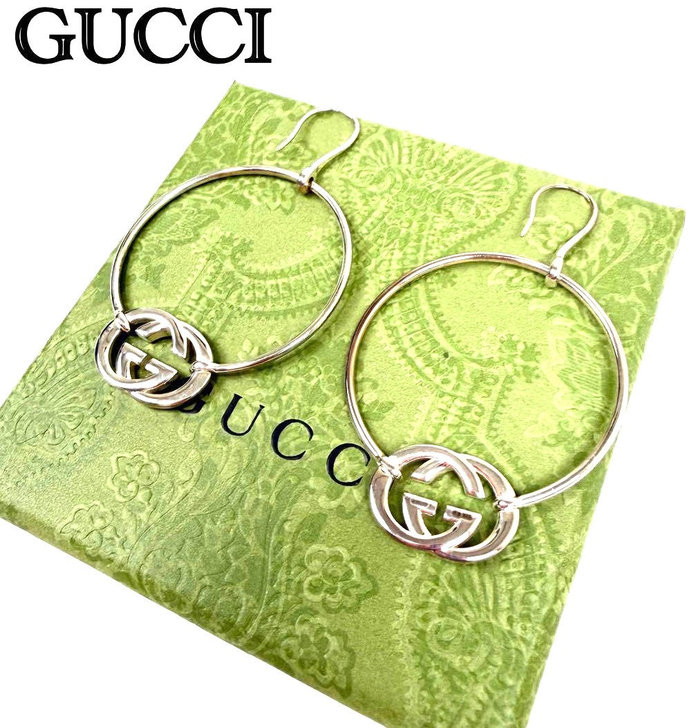 GUCCI Interlocking G Hoop Earrings Silver SV925 5.5cm(2.2") New Unused Japan