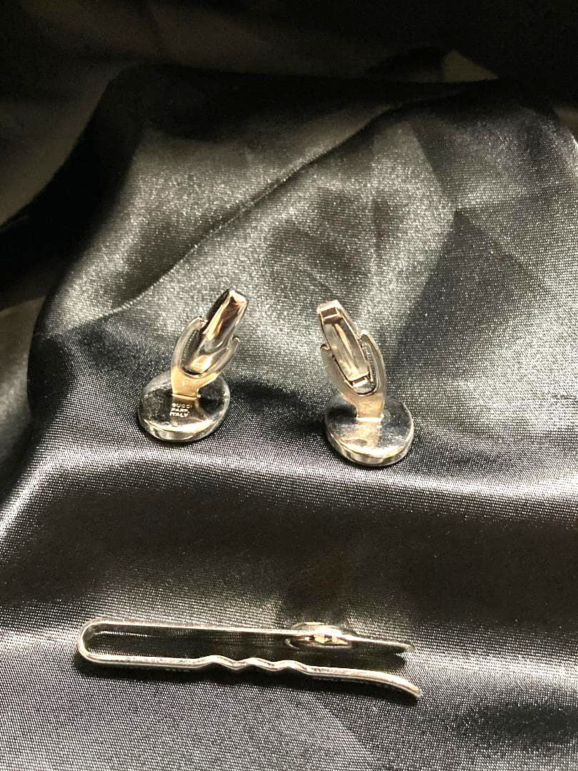 GUCCI Vintage Interlocking GG Sherry Line Cufflinks Tie Clip Set Silver Gold