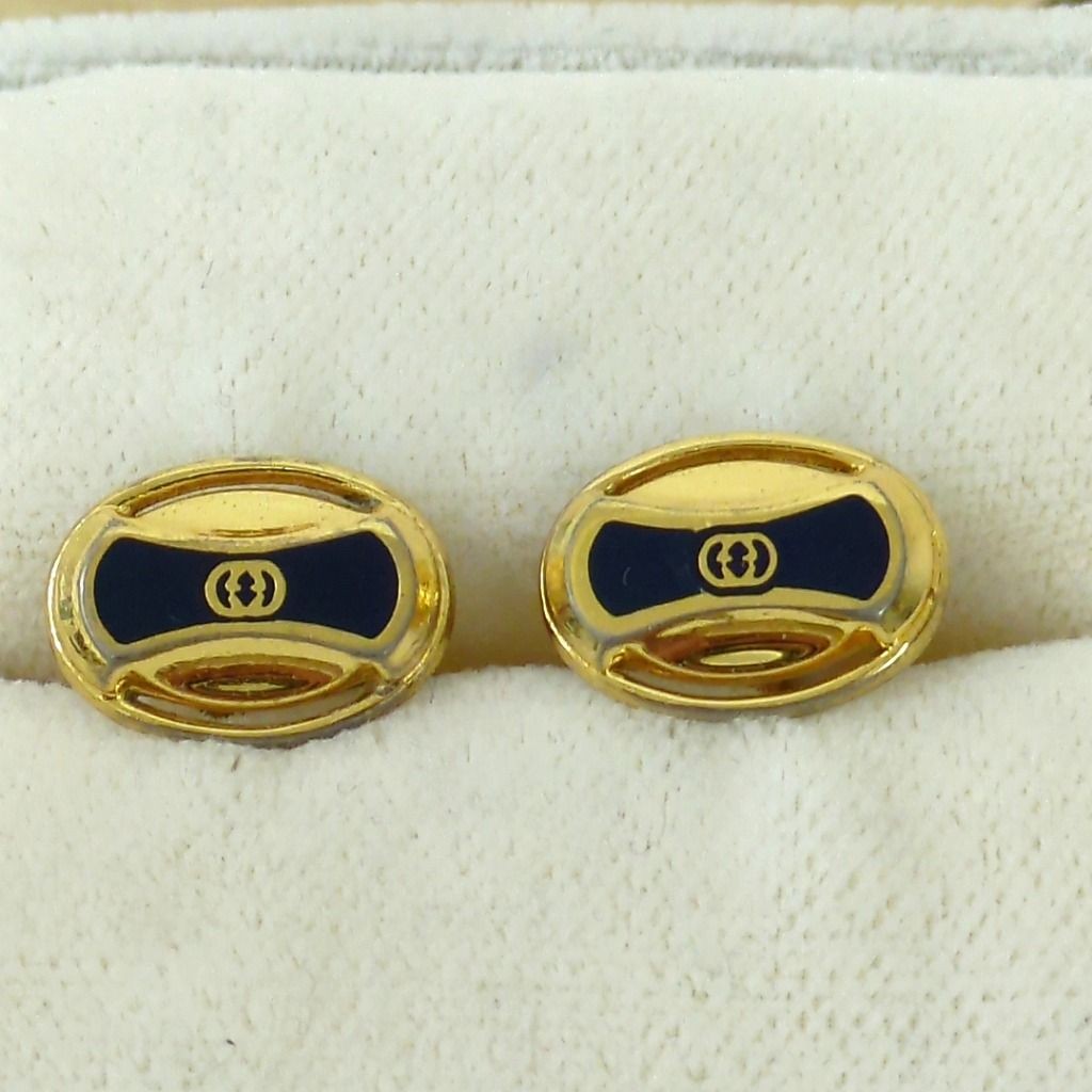 GUCCI Vintage Cufflinks Navy Blue Enamel Gold Tone Interlocking G Mens Italy