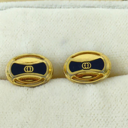 GUCCI Vintage Cufflinks Navy Blue Enamel Gold Tone Interlocking G Mens Italy