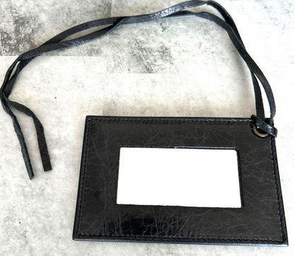 BALENCIAGA Black Leather Mirror Card Case ID Holder Neck Strap Lanyard Authentic