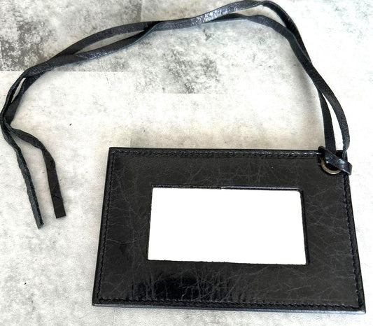 BALENCIAGA Black Leather Mirror Card Case ID Holder Neck Strap Lanyard Authentic