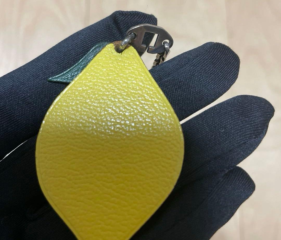 HERMES Lemon Fruit Bag Charm Keychain Yellow Green Leather Silver HW Vintage