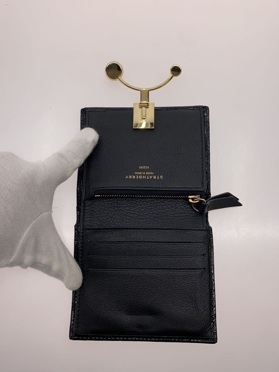 Strathberry Crescent Bifold Wallet Black Croc Embossed Leather Gold Hardware Sna