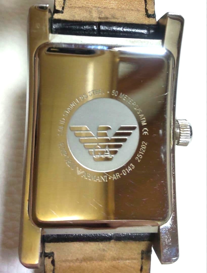 Emporio Armani AR-0143 Mens Quartz Watch Black Dial Silver Rectangle w/Box Used