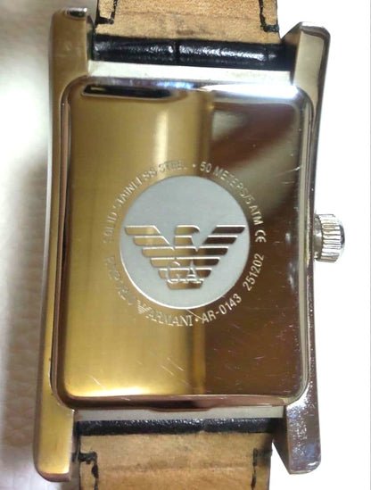 Emporio Armani AR-0143 Mens Quartz Watch Black Dial Silver Rectangle w/Box Used