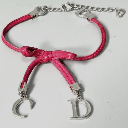 Christian Dior CD Logo Charm Leather Bow Bracelet Pink Silver Tone 6.7-8.7in