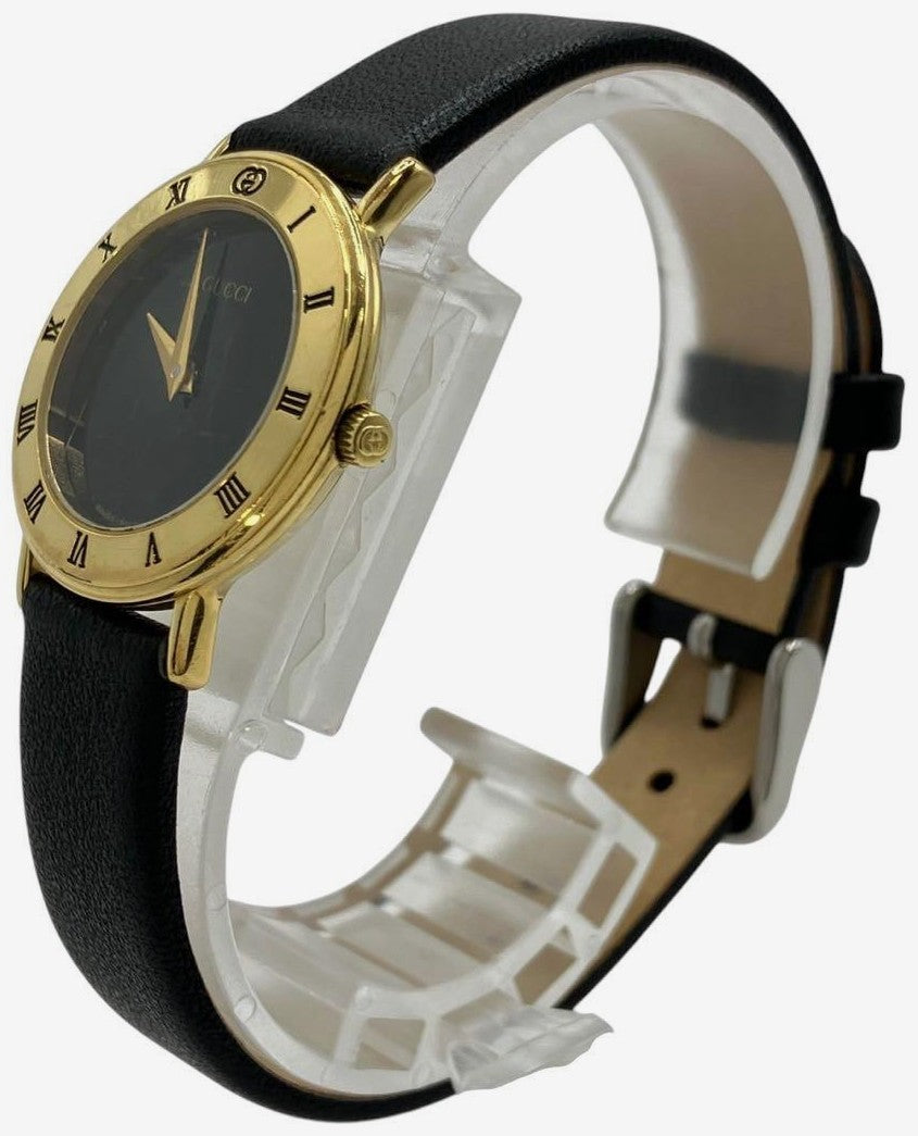 Gucci 3000.2.L Round Watch Black Dial Gold Tone Leather Band Quartz Swiss Made