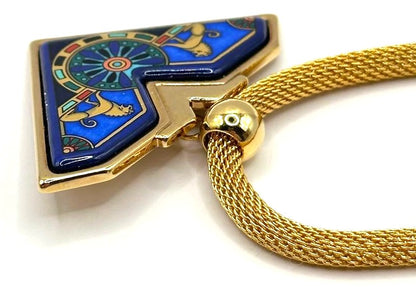 Michaela Frey Wien Enamel Pendant Necklace Blue Gold Mesh Chain 17.7in Austria