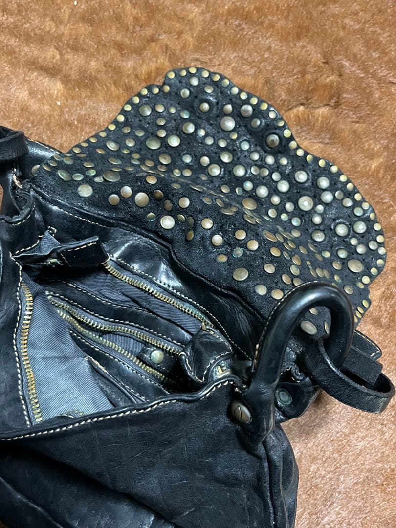 CAMPOMAGGI Studded Leather Shoulder Bag Charcoal Gray Italy Thick Vintage Boho