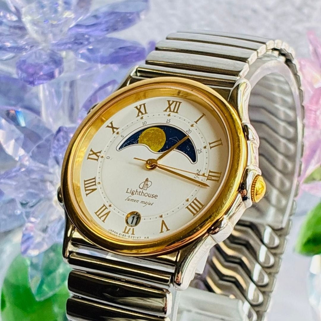 Citizen Lighthouse Lumen Majus Moon Phase Vintage Mens Watch Gold Silver Cream