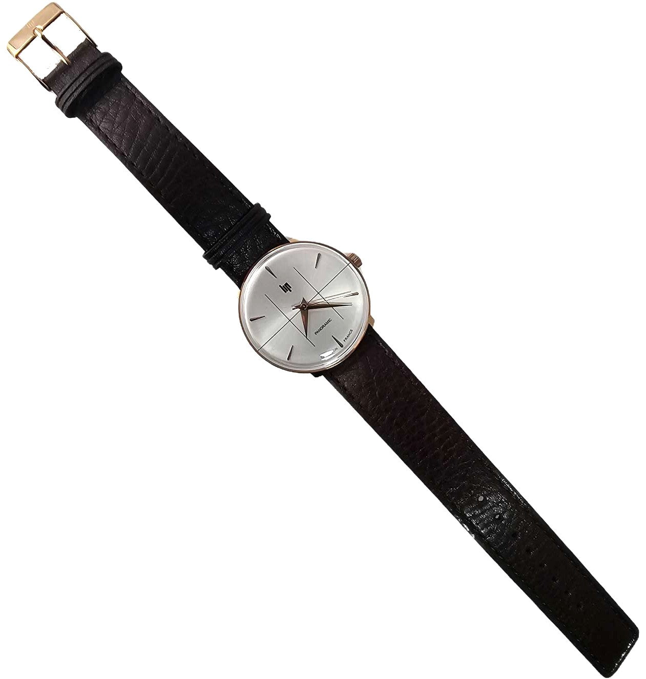 LIP Panoramic 34 Quartz Watch Silver White Dial Rose Gold Case Brown Leather