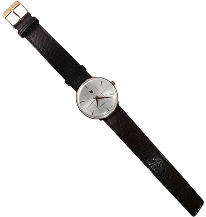 LIP Panoramic 34 Quartz Watch Silver White Dial Rose Gold Case Brown Leather