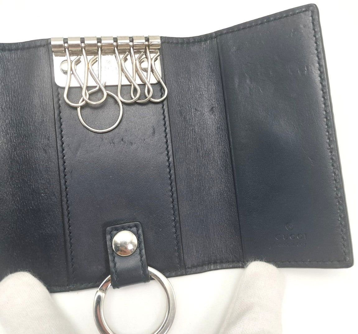 GUCCI Guccissima Key Case Holder 6-Ring Navy Blue Leather GG Logo Authentic