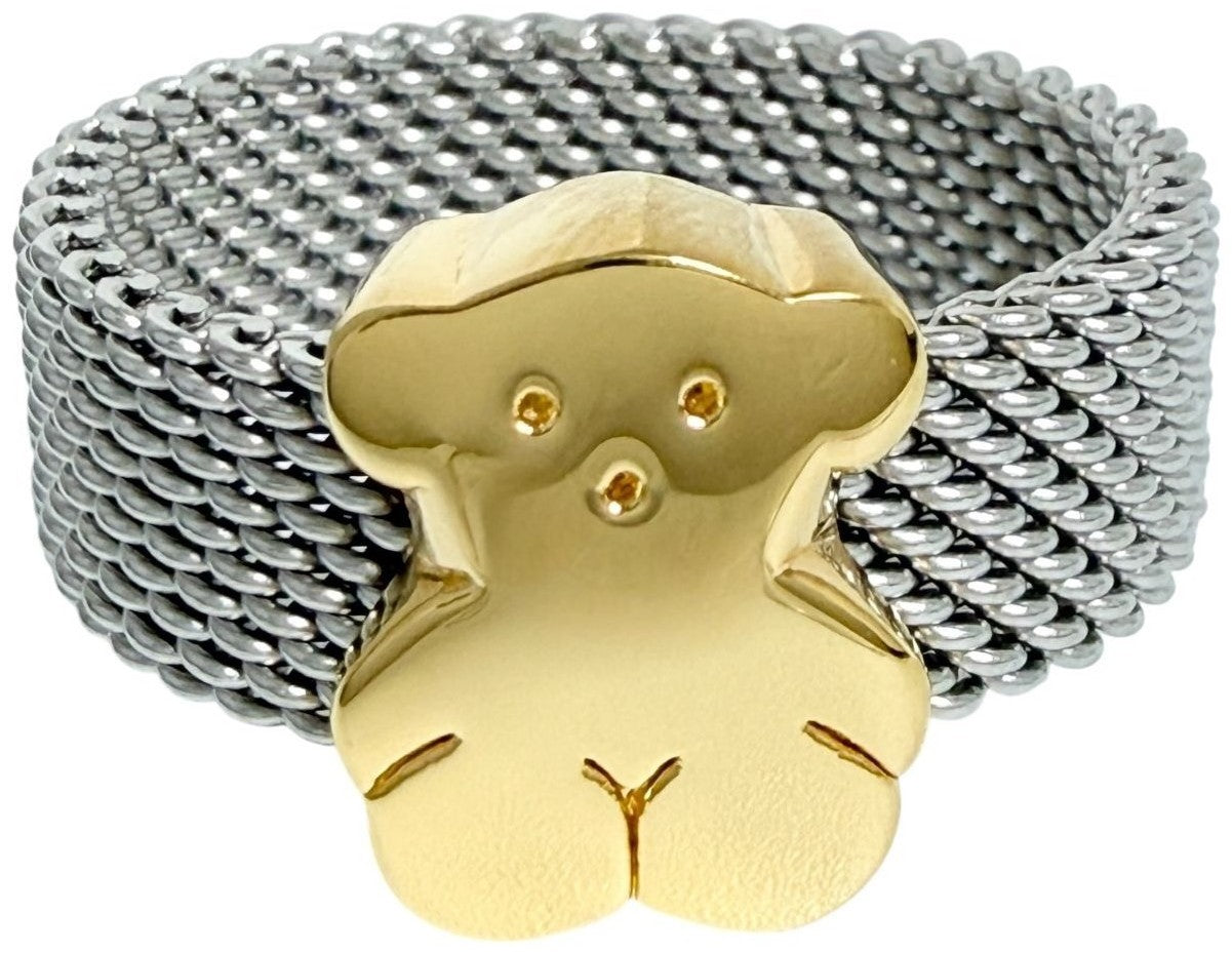 TOUS Bear Mesh Ring US6 EUR51 Wide Band K18 Gold Silver Stainless Steel Used