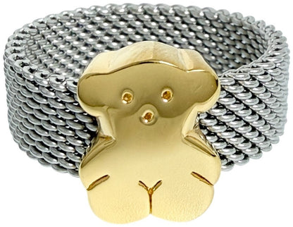 TOUS Bear Mesh Ring US6 EUR51 Wide Band K18 Gold Silver Stainless Steel Used