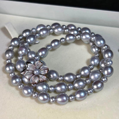 Akoya Pearl Long Necklace Blue Gray 8mm Flower Clasp Silver 25.6in Japan