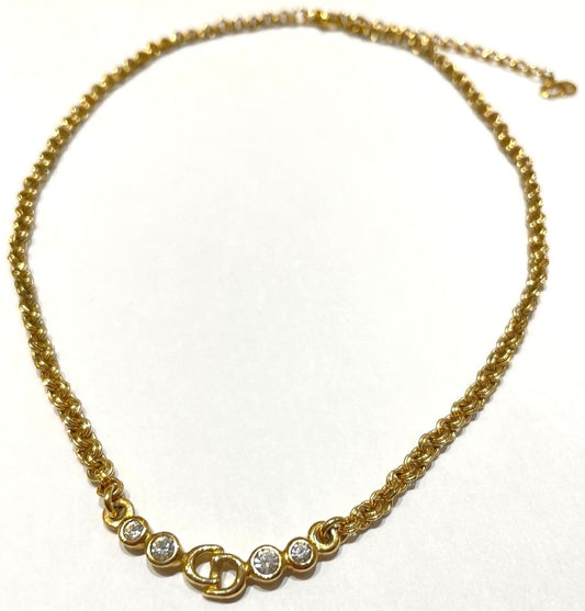 Christian Dior CD Logo Rhinestone Choker Necklace Gold Tone Vintage Authentic