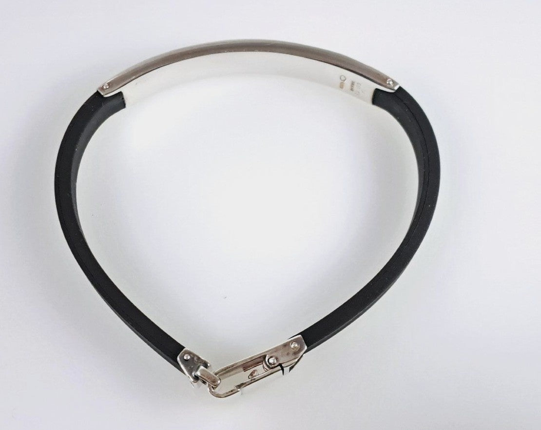 GUCCI Plate Rubber Bracelet Bangle Silver 925 Black 7.5in Authentic Unisex