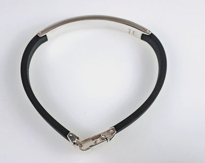 GUCCI Plate Rubber Bracelet Bangle Silver 925 Black 7.5in Authentic Unisex