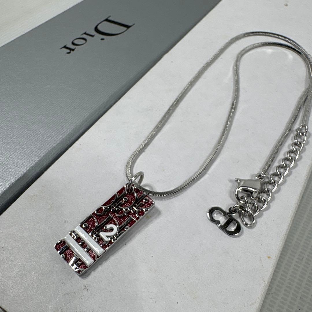 Christian Dior Trotter No2 Silver Tone Metal Red Square Plate Necklace