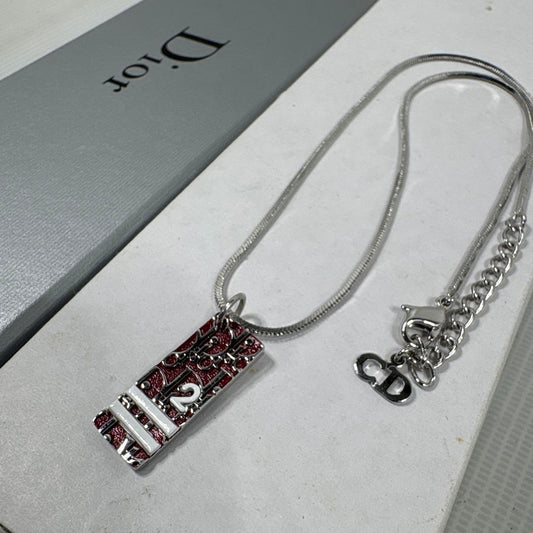 Christian Dior Trotter No2 Silver Tone Metal Red Square Plate Necklace