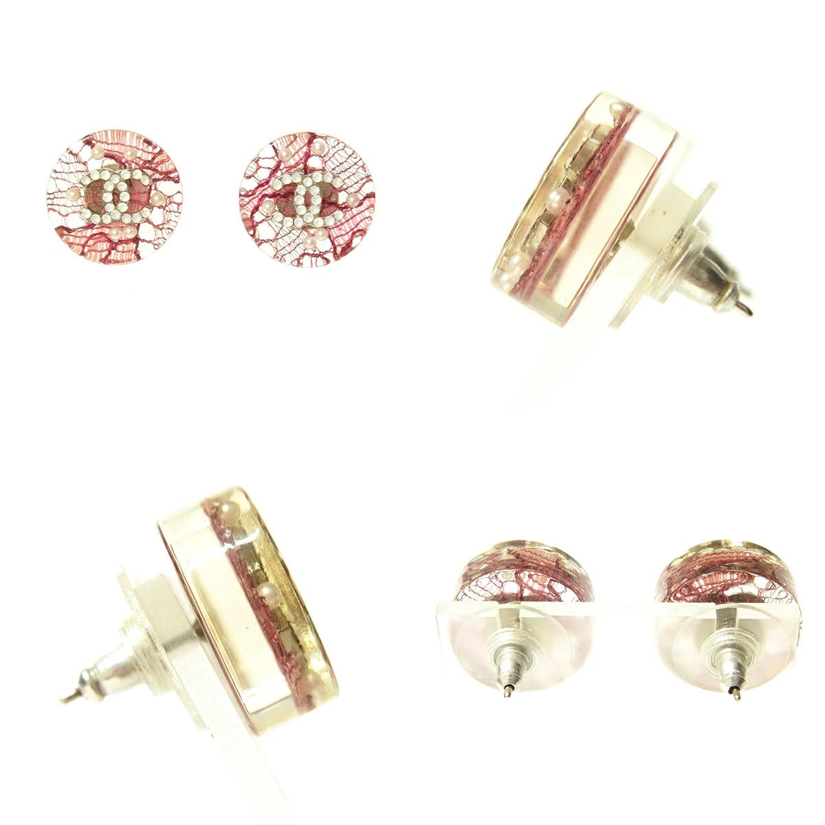CHANEL CC Logo Earrings 13P Clear Pink Lace Pearl Rhinestone Made in France