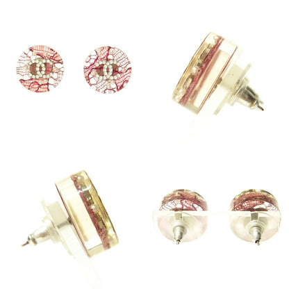 CHANEL CC Logo Earrings 13P Clear Pink Lace Pearl Rhinestone Made in France