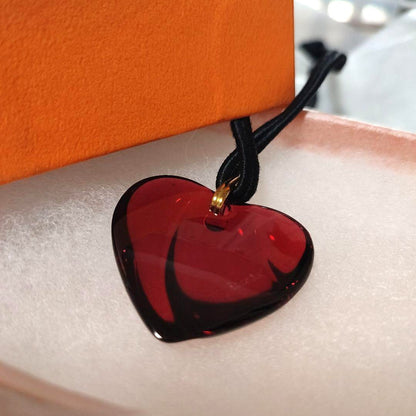 Baccarat Crystal Heart Pendant Necklace Red Glass Gold Tone Cord Adjustable