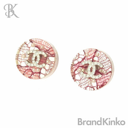 CHANEL CC Logo Earrings 13P Clear Pink Lace Pearl Rhinestone Made in France