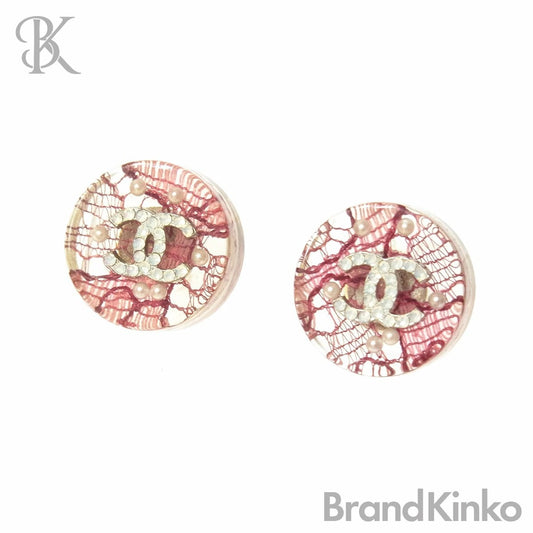 CHANEL CC Logo Earrings 13P Clear Pink Lace Pearl Rhinestone Made in France